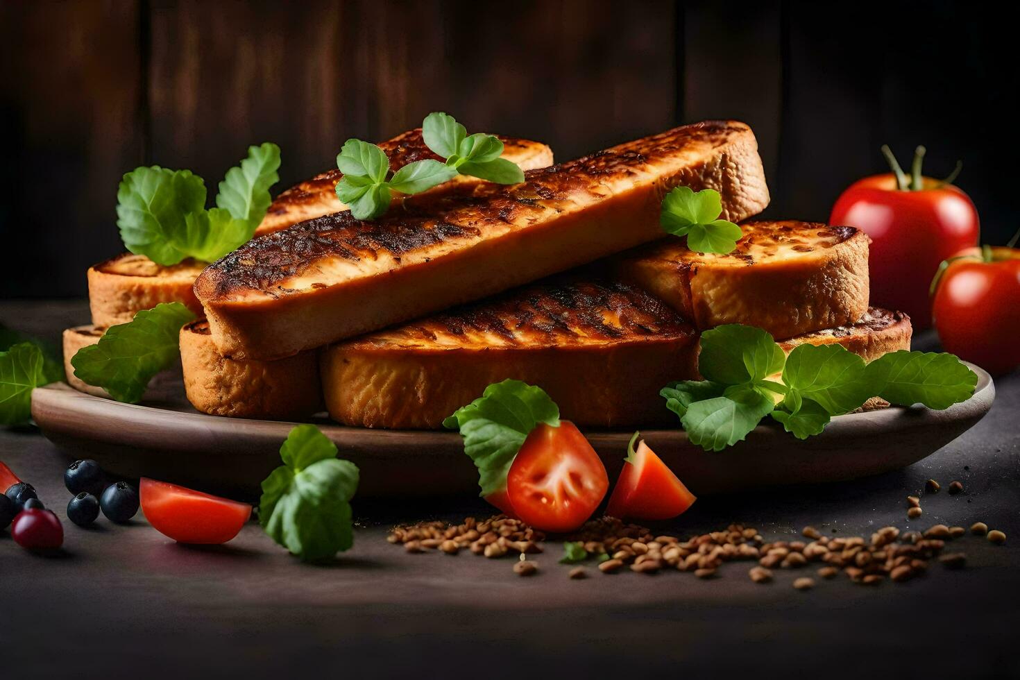 grilled bread with tomatoes and herbs on a wooden plate. AI-Generated photo