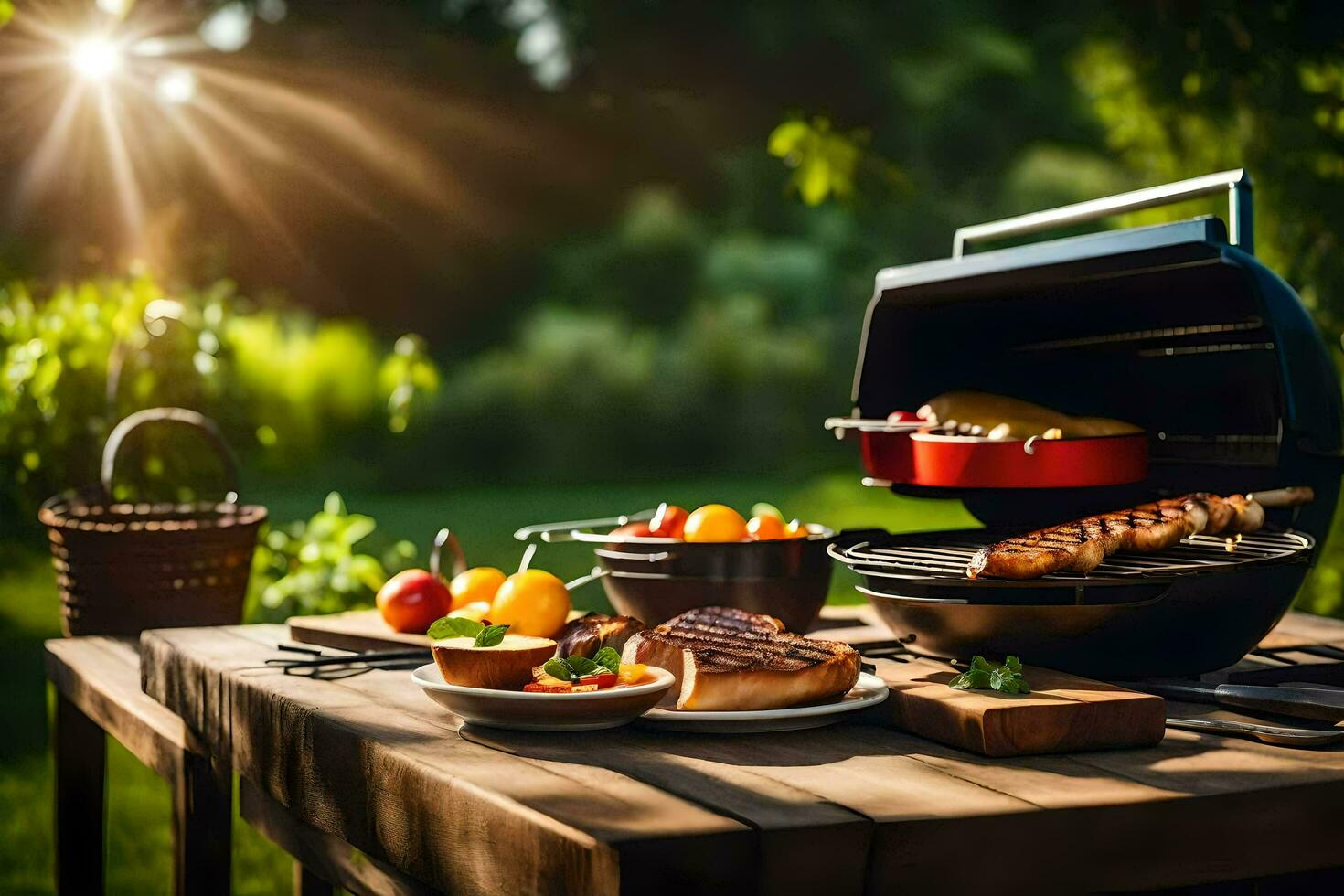 a barbecue grill with food on it in the garden. AI-Generated photo