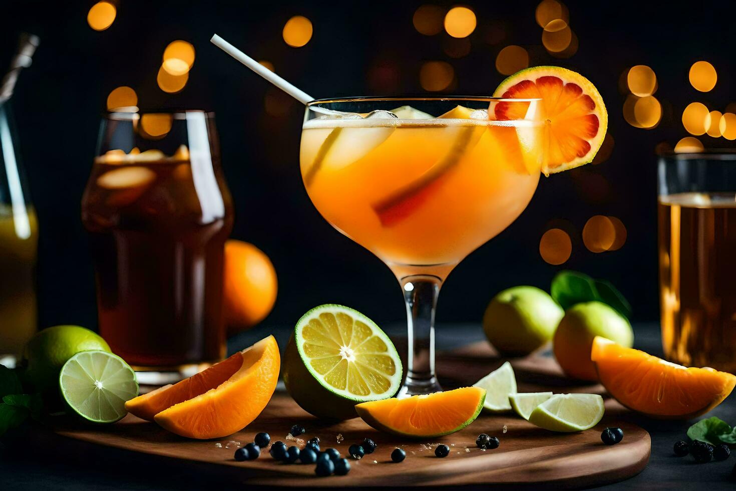 cocktail with orange juice, lime and lime slices. AI-Generated photo