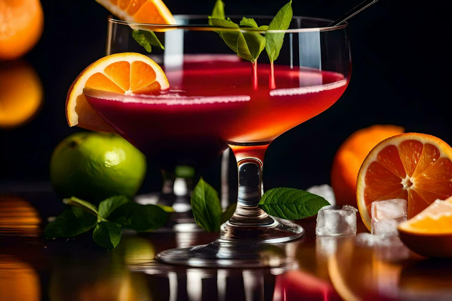 two glasses of red cocktail with oranges and mint leaves. AI-Generated photo