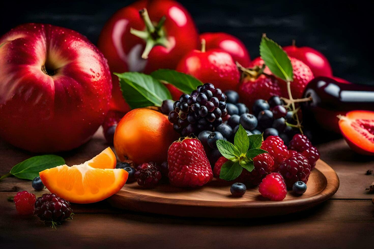 fresh fruits and vegetables on a wooden table. AI-Generated photo