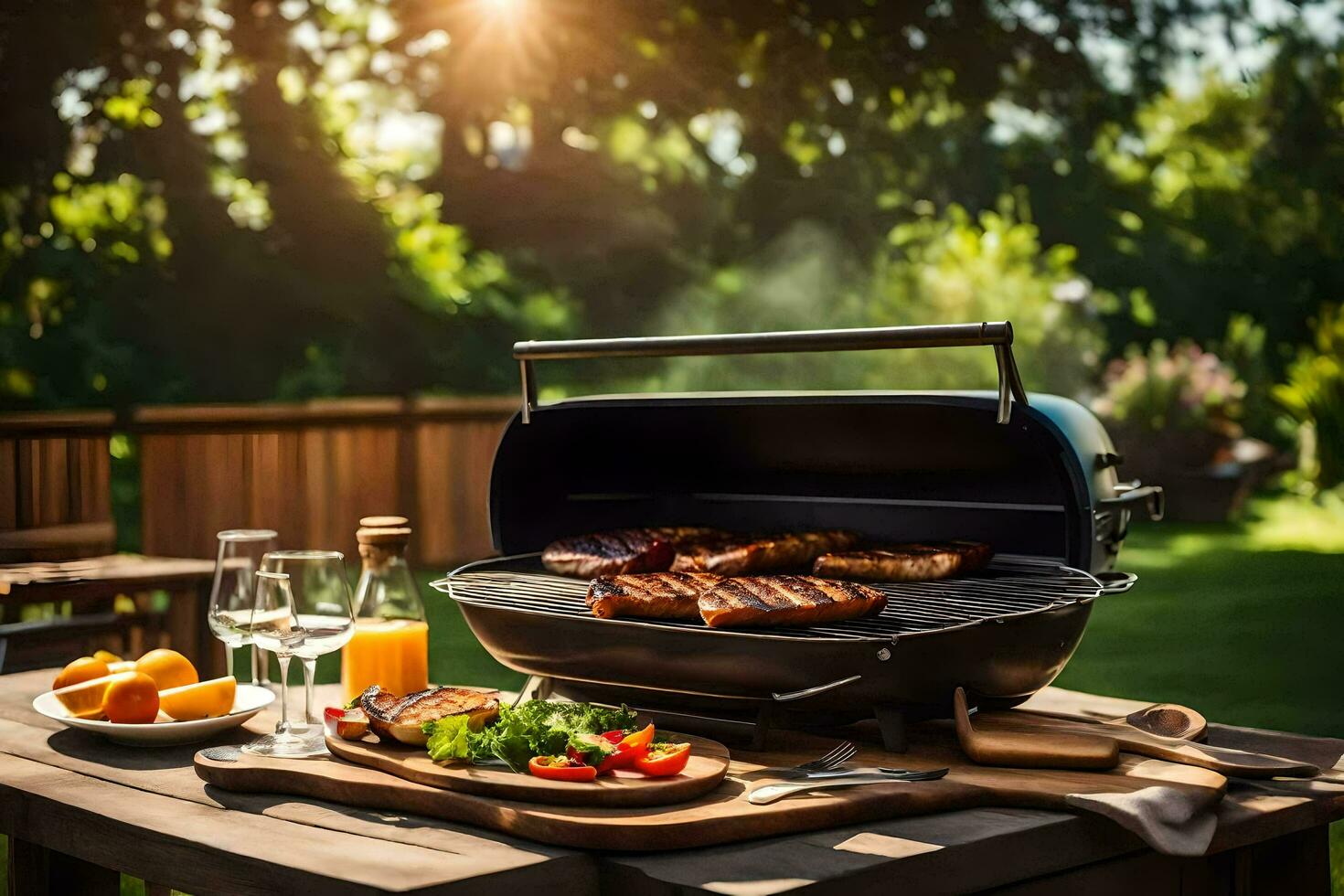 a barbecue grill with meat and vegetables on it. AI-Generated photo