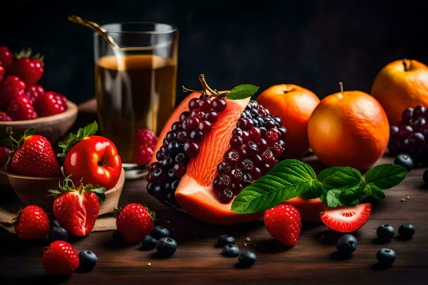 fruit and juice on a table. AI-Generated photo