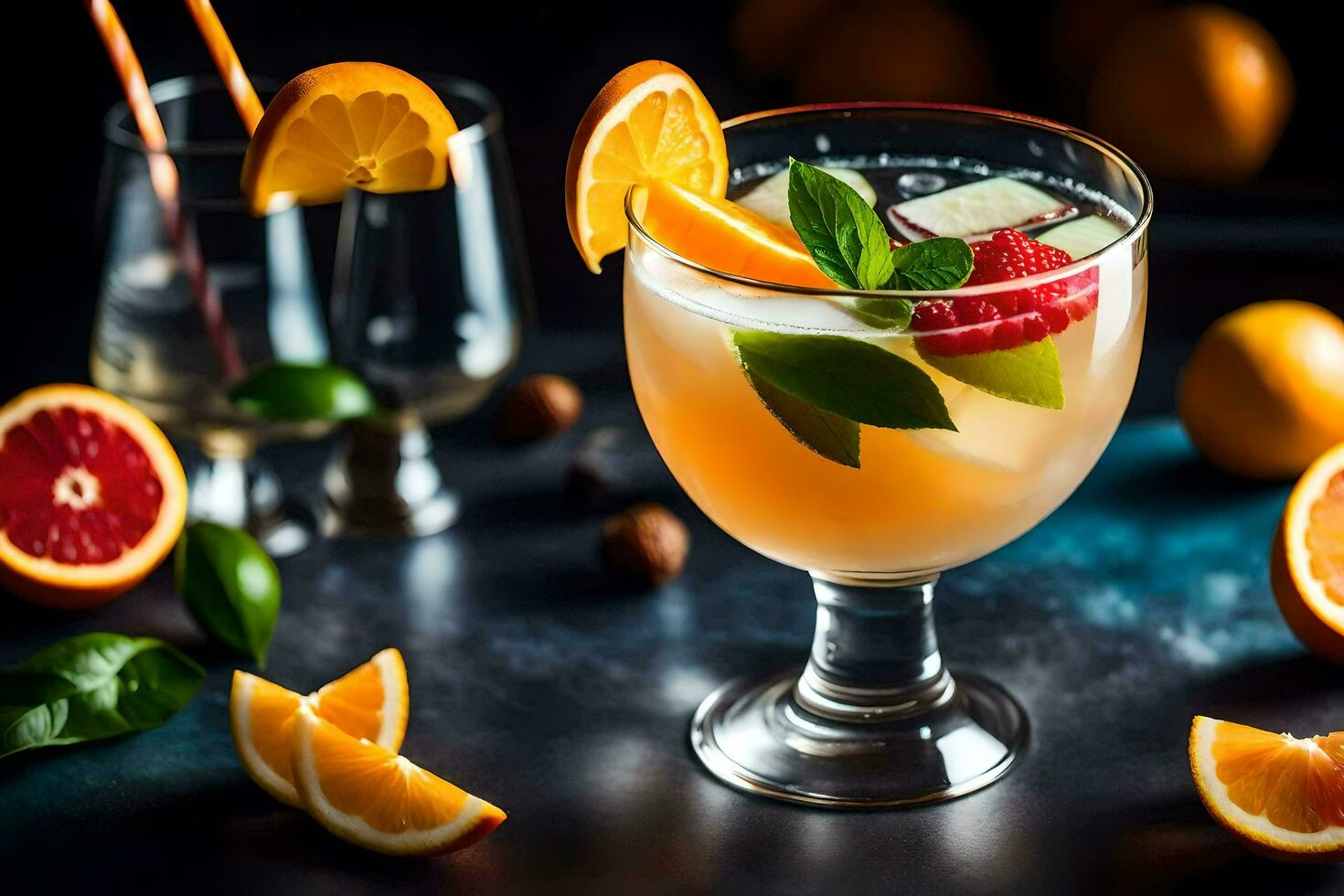 a glass of orange juice with oranges and mint leaves. AI-Generated photo