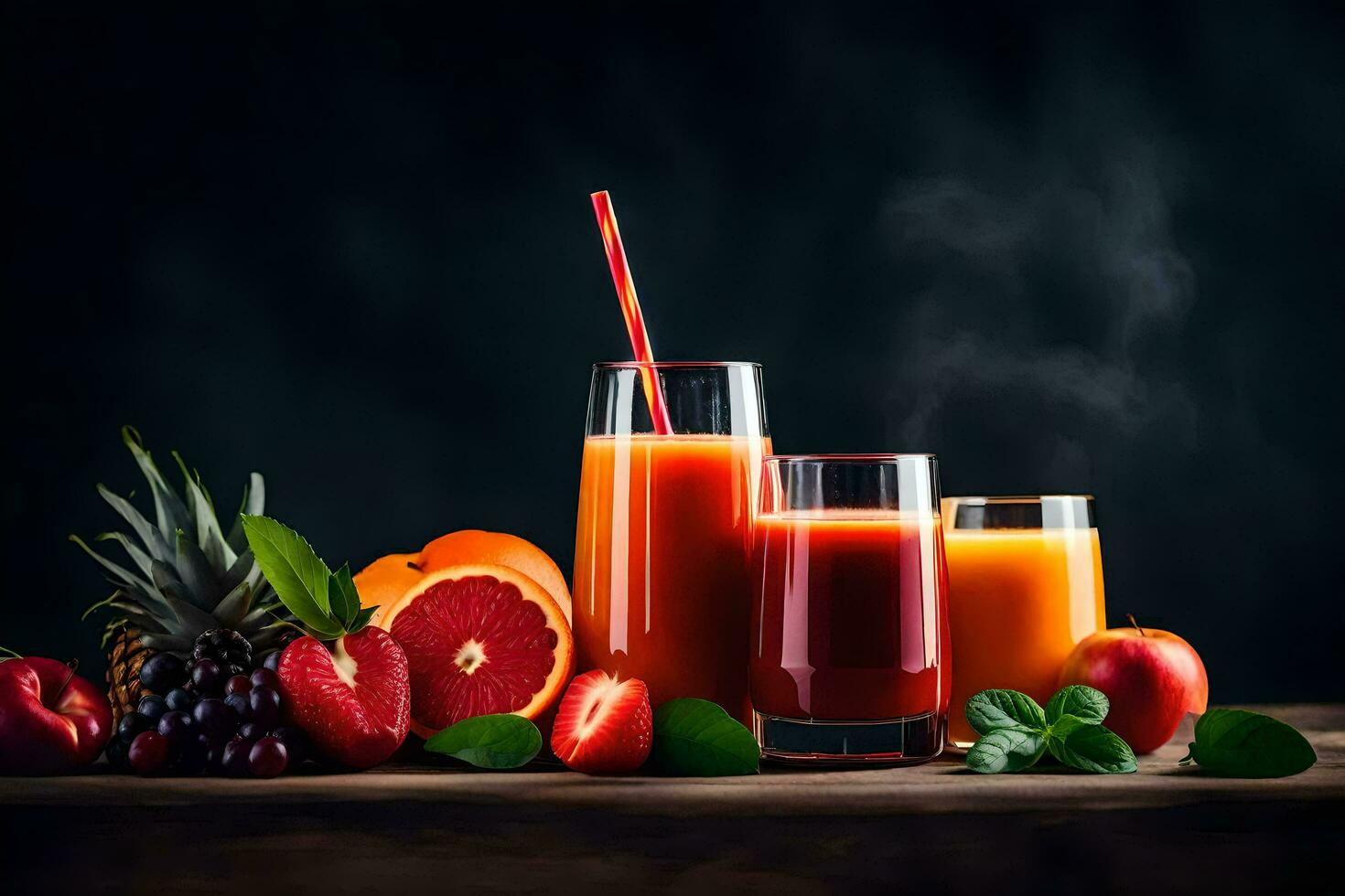 Fresco Fruta y jugo en un oscuro antecedentes. generado por ai foto