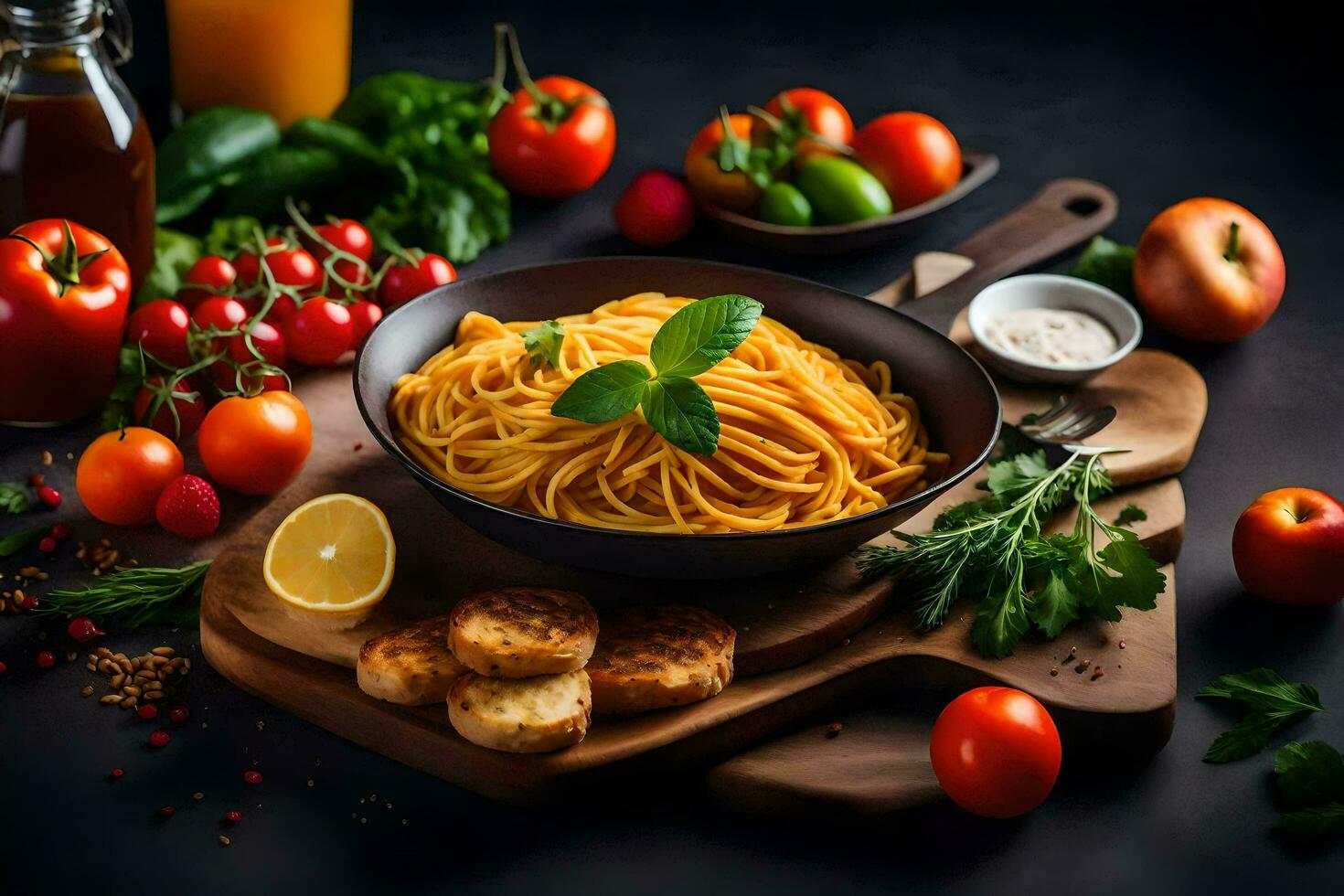 spaghetti with tomatoes, basil, garlic, lemon and olive oil on a black background. AI-Generated photo