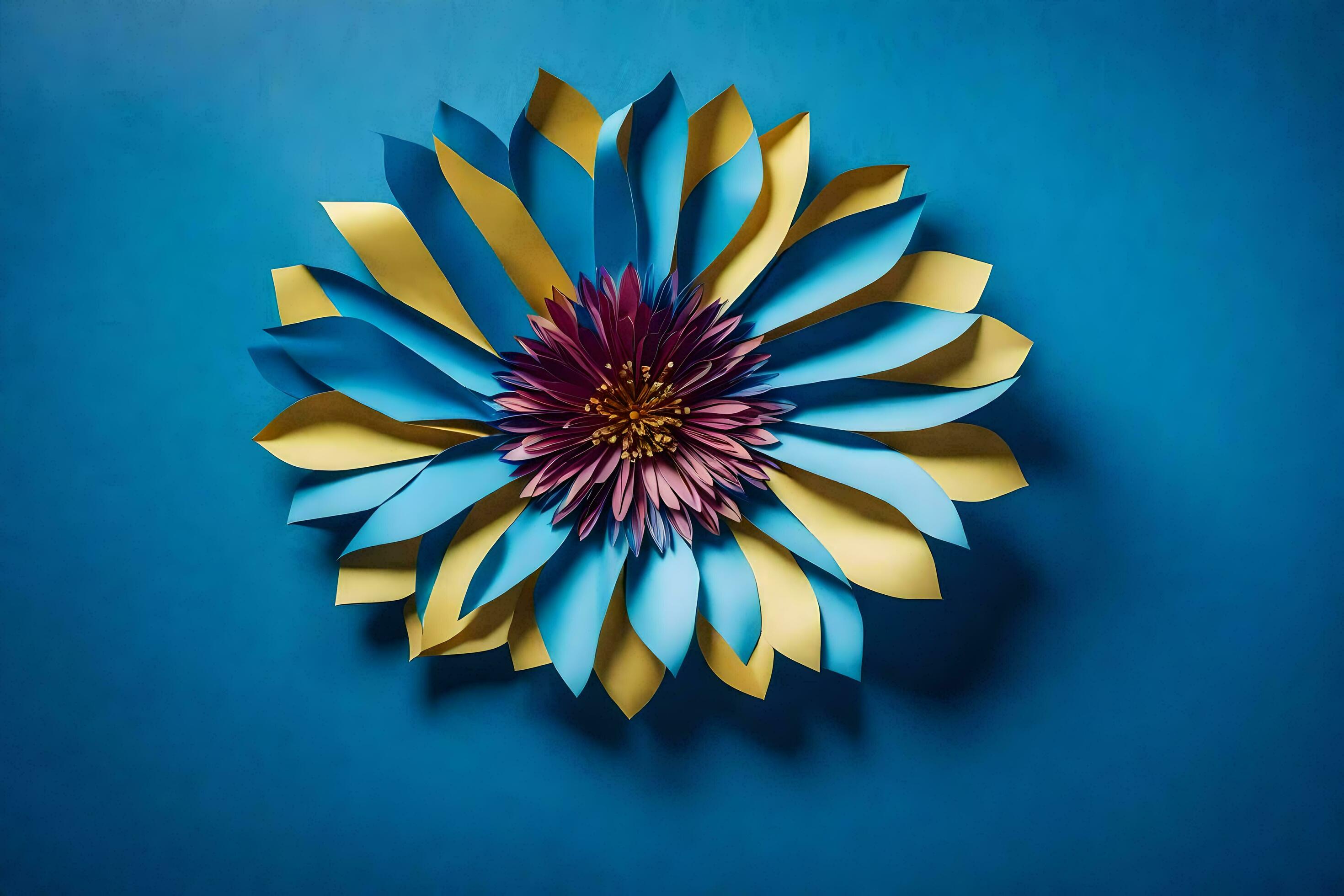 a blue and yellow paper flower on a blue wall. AIGenerated 30085892