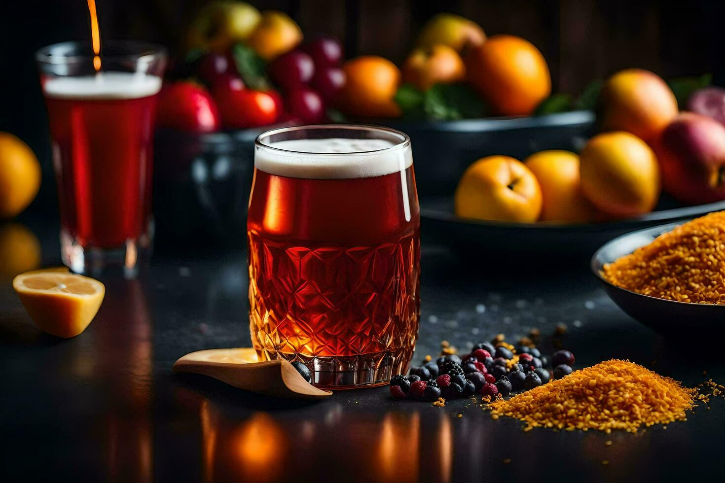 a glass of beer with spices and fruit. AI-Generated photo
