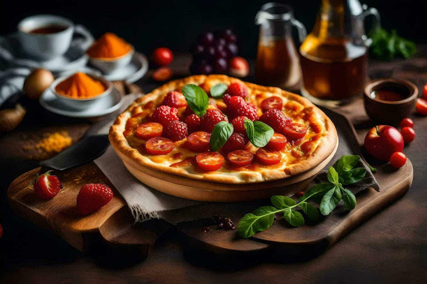 pizza with tomatoes and basil on a wooden table. AI-Generated photo