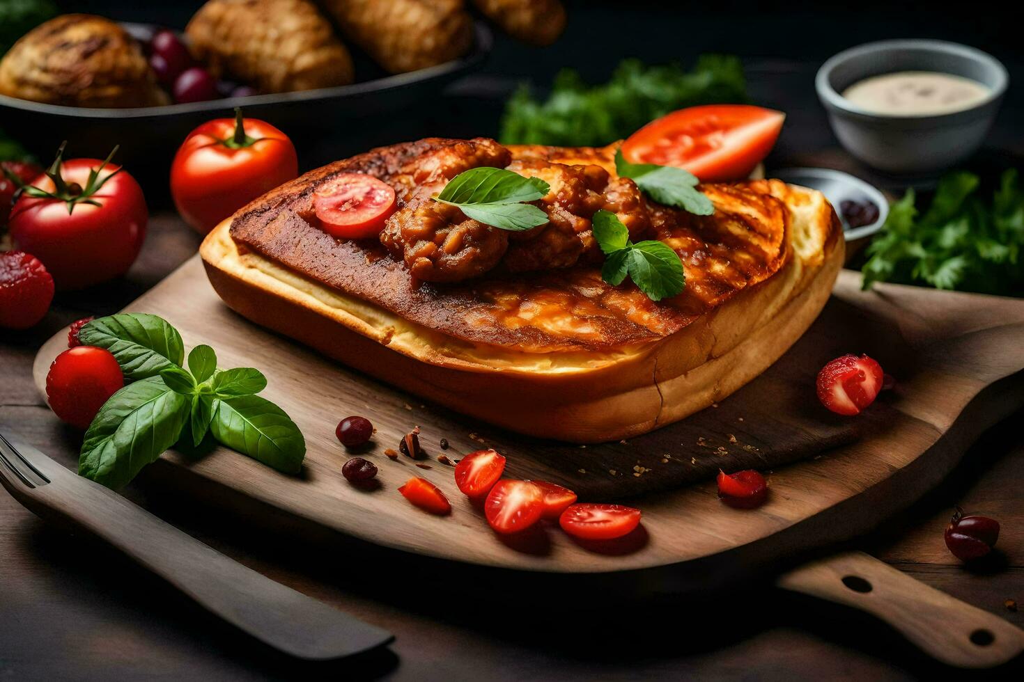 pizza with tomato sauce and cheese on a wooden board. AI-Generated photo