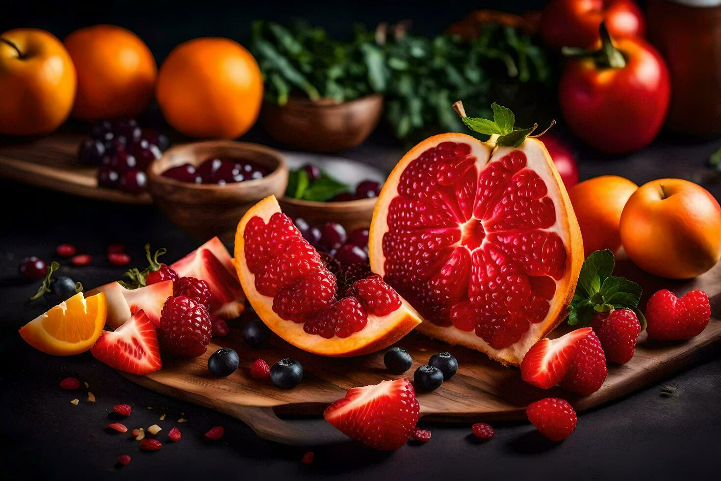 fresh fruits and vegetables on a wooden cutting board. AI-Generated photo