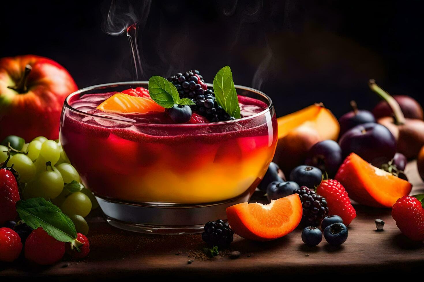 a bowl of fruit and berries with smoke. AI-Generated photo