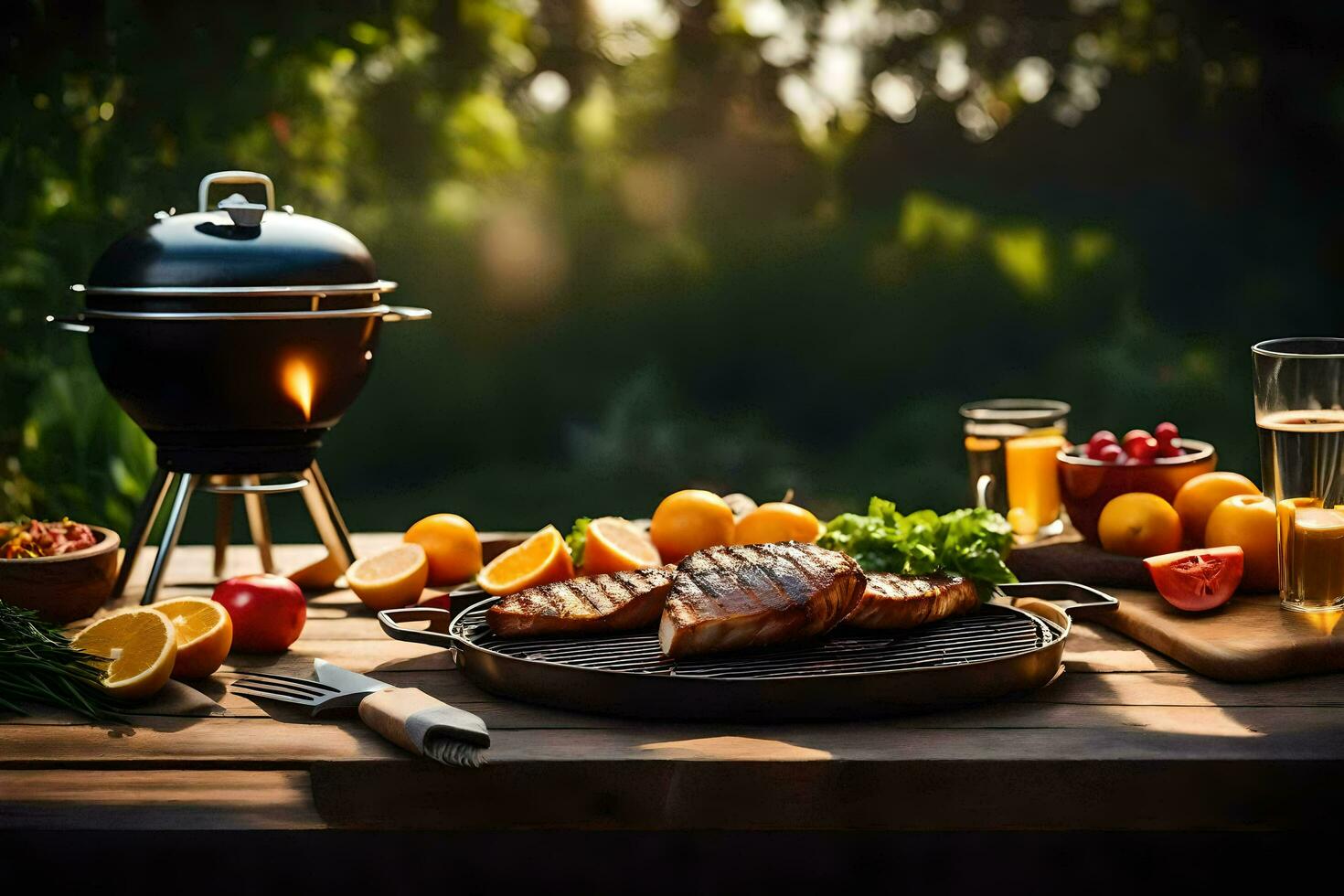 grill with steak, fruit and vegetables on a table. AI-Generated photo