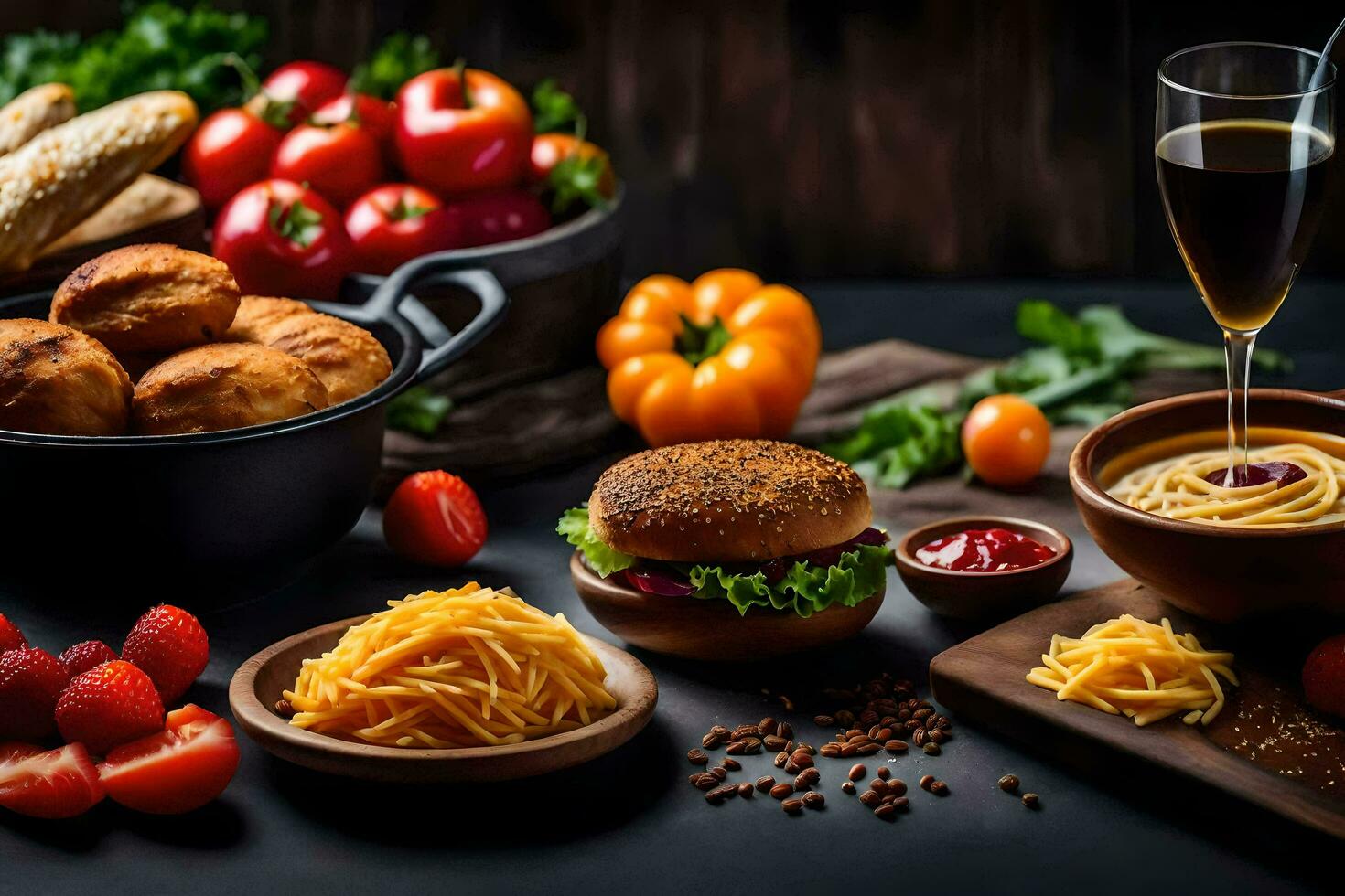 a variety of food including a hamburger, cheese, bread and tomatoes. AI-Generated photo
