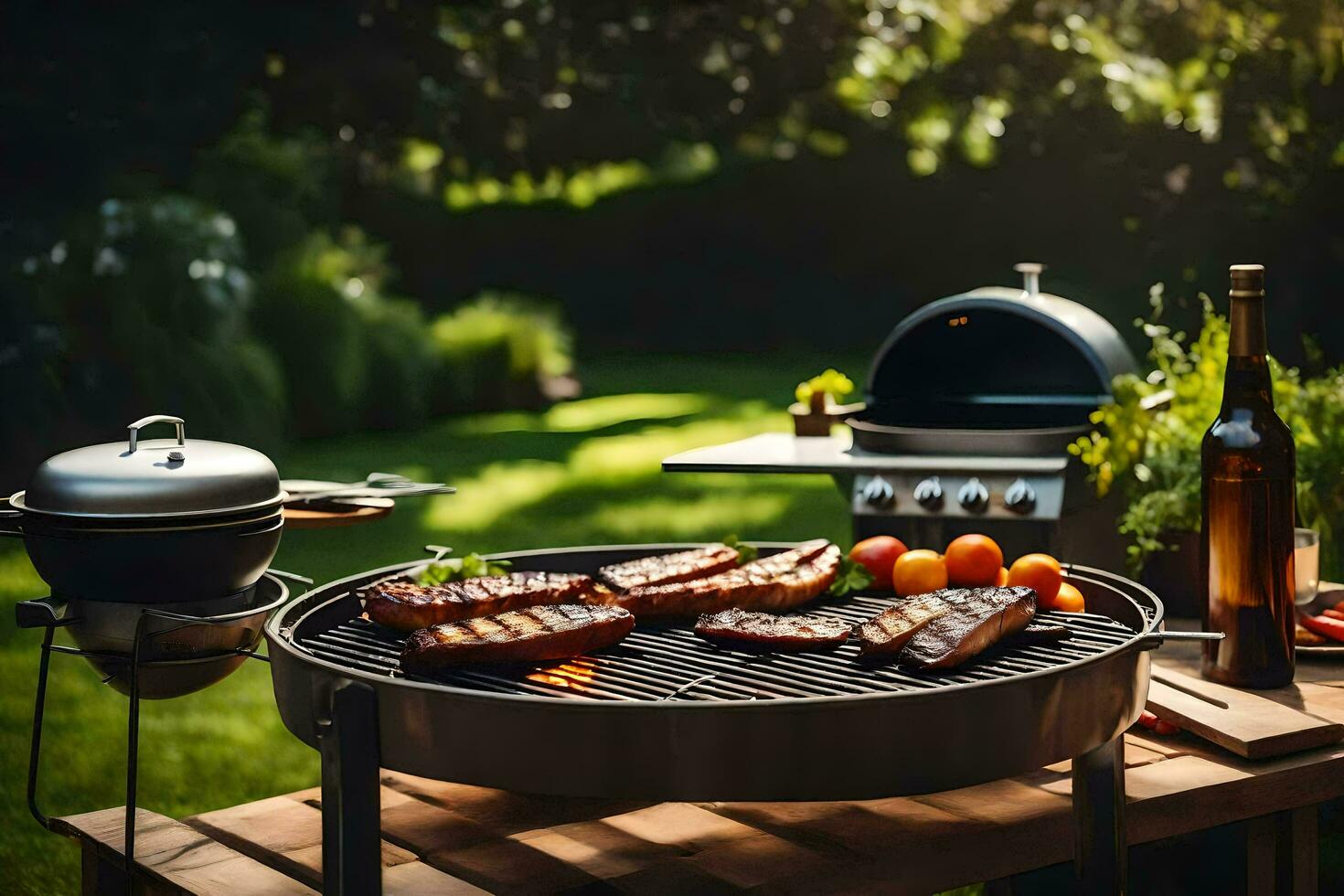a grill with meat and vegetables on it. AI-Generated photo