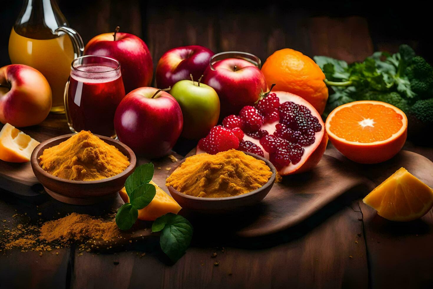 an assortment of fruits and vegetables on a wooden table. AI-Generated photo