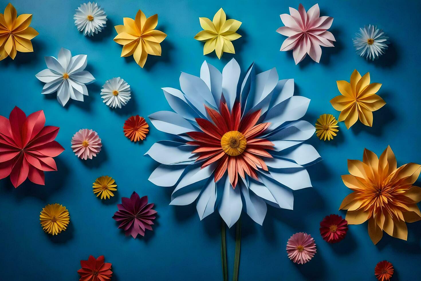 a large group of colorful paper flowers on a blue background. AI-Generated photo