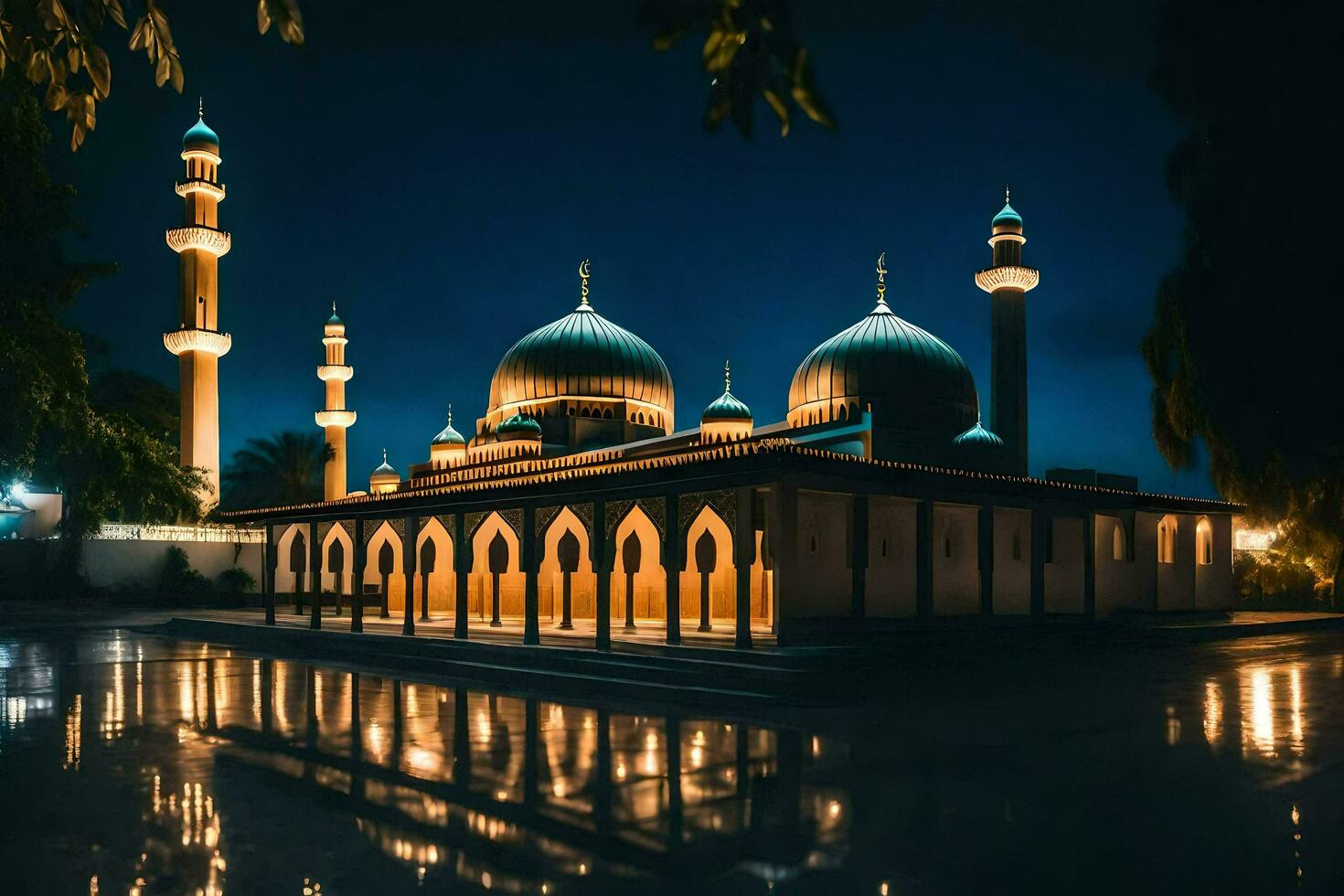 a mosque at night with its lights on. AI-Generated photo