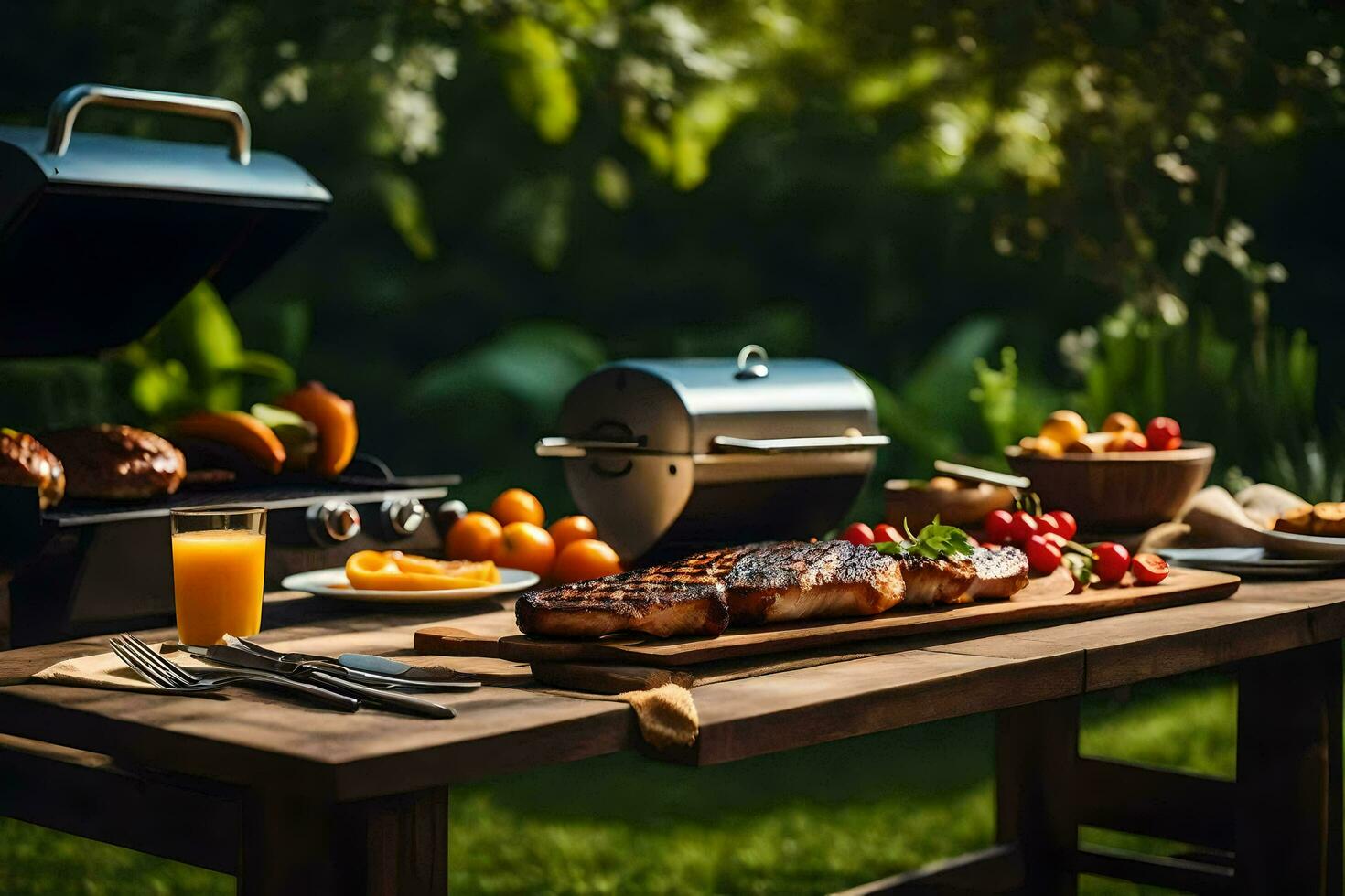 a grill with meat, vegetables and fruit on it. AI-Generated photo