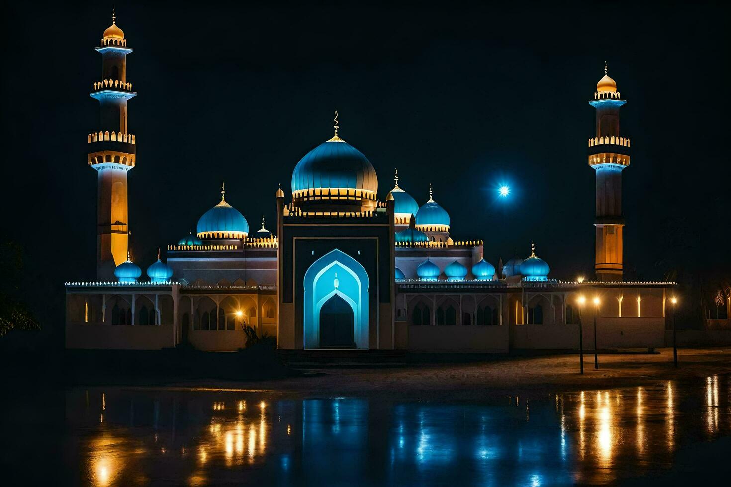 a mosque lit up at night with blue lights. AI-Generated photo