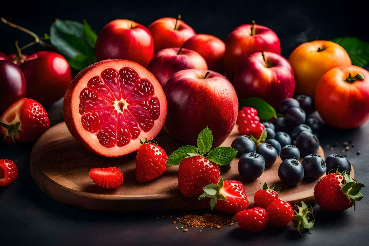 fresh fruits on a wooden board. AI-Generated photo