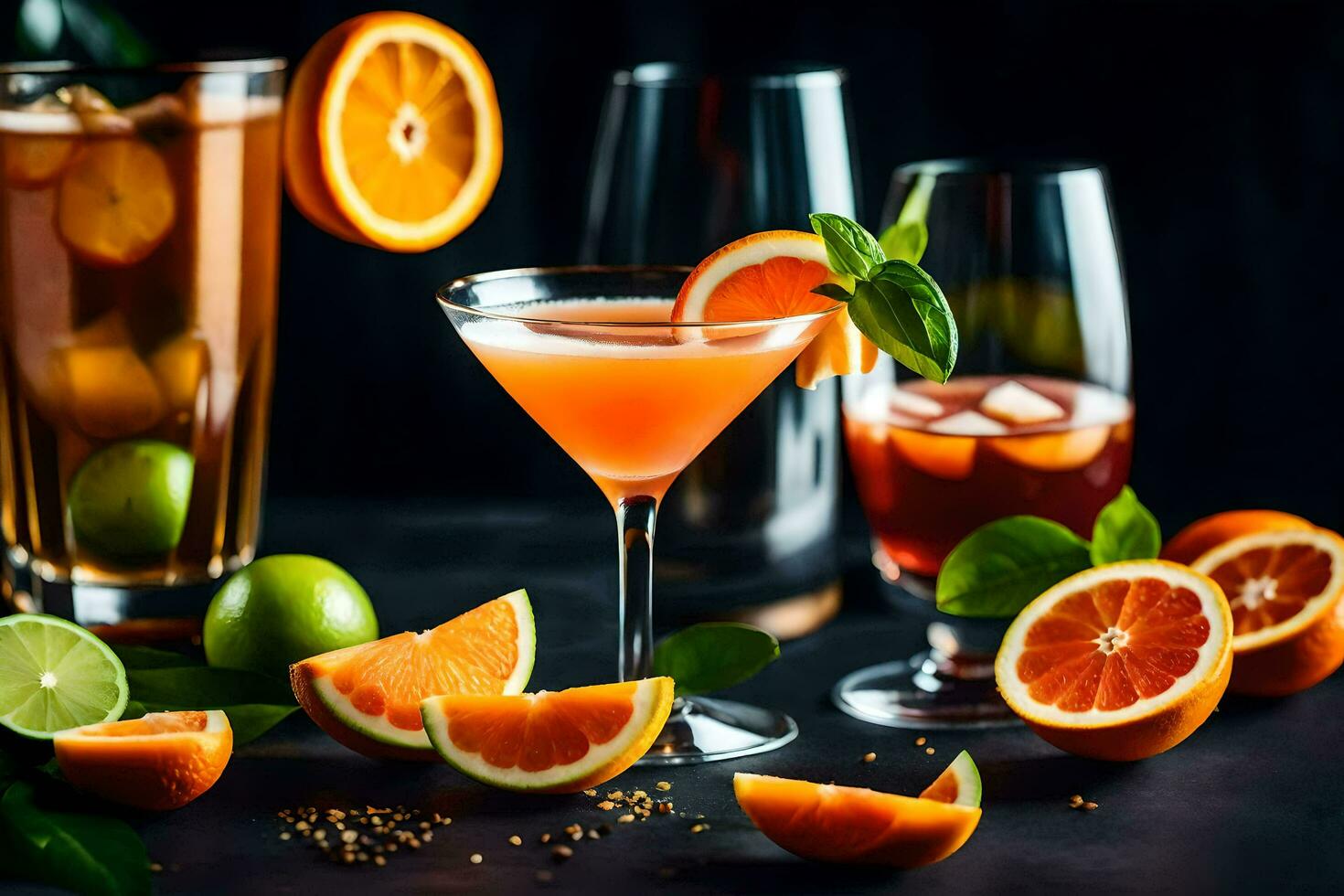 various cocktails with oranges and mint. AI-Generated photo