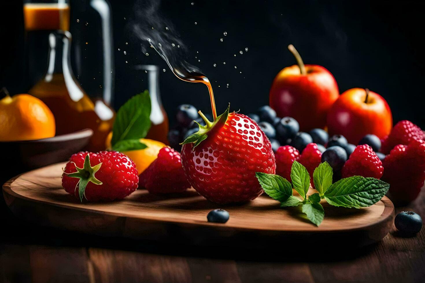 fresh fruits and berries on a wooden cutting board. AI-Generated photo