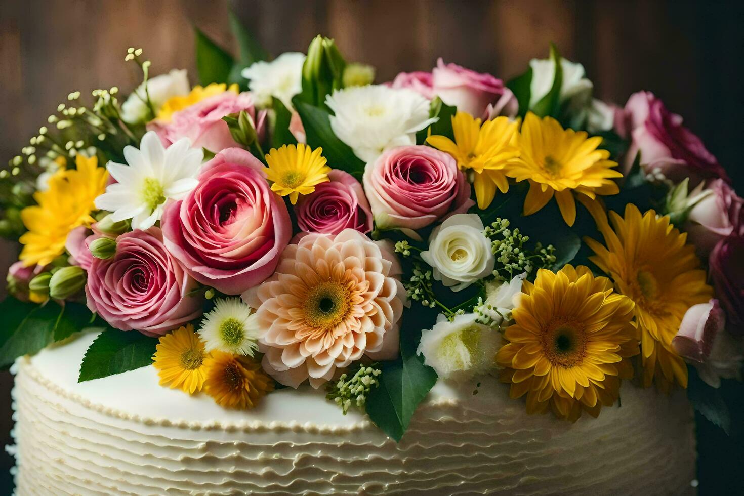 a close up of a white cake with flowers. AI-Generated photo