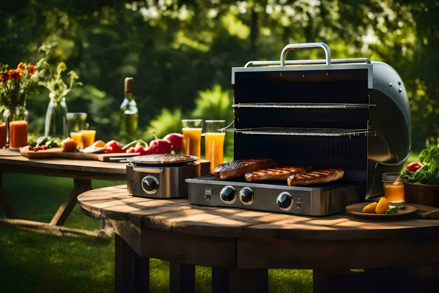 a grill on a table with food and drinks. AI-Generated photo