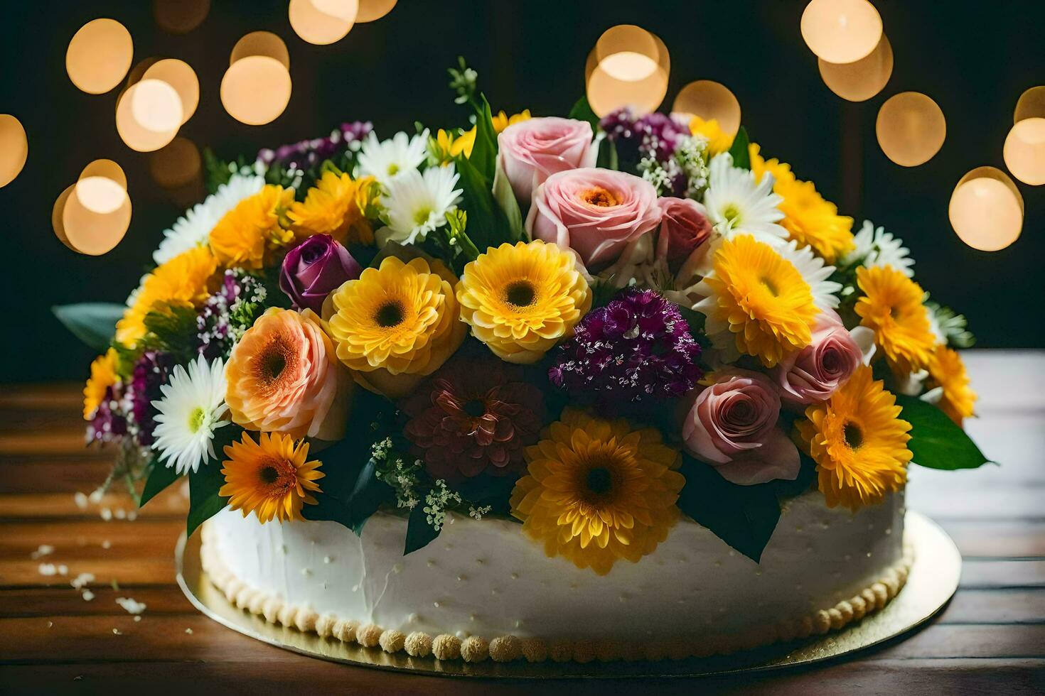 un pastel con vistoso flores en parte superior de un de madera mesa. generado por ai foto