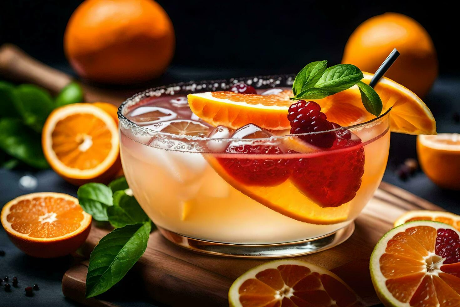 a glass of orange juice with berries and mint. AI-Generated photo