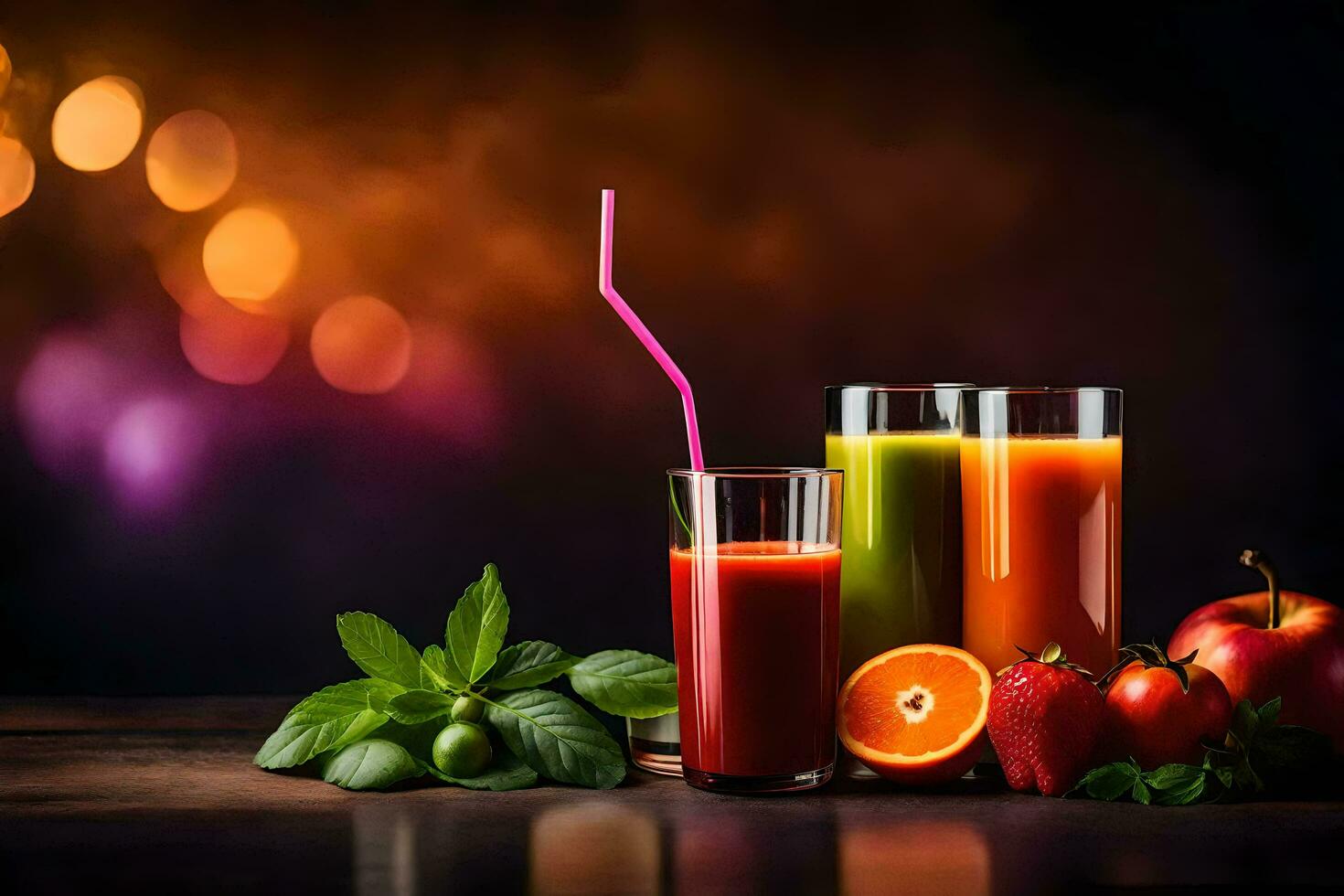 fresh juice with fruits and vegetables on a dark background. AI-Generated photo