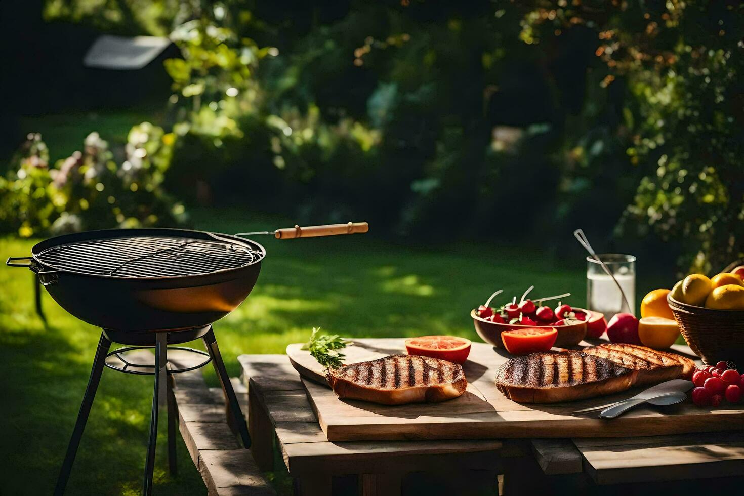 a barbecue grill with meat and vegetables on it. AI-Generated photo