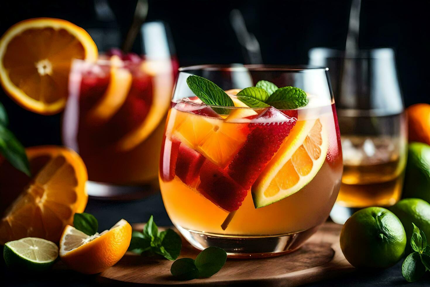a glass of sangria with oranges, mint and lime. AI-Generated photo
