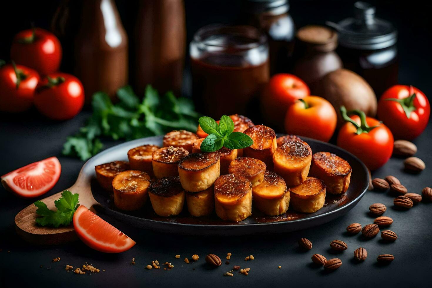 fried bread sticks with tomato sauce and almonds on a black background. AI-Generated photo