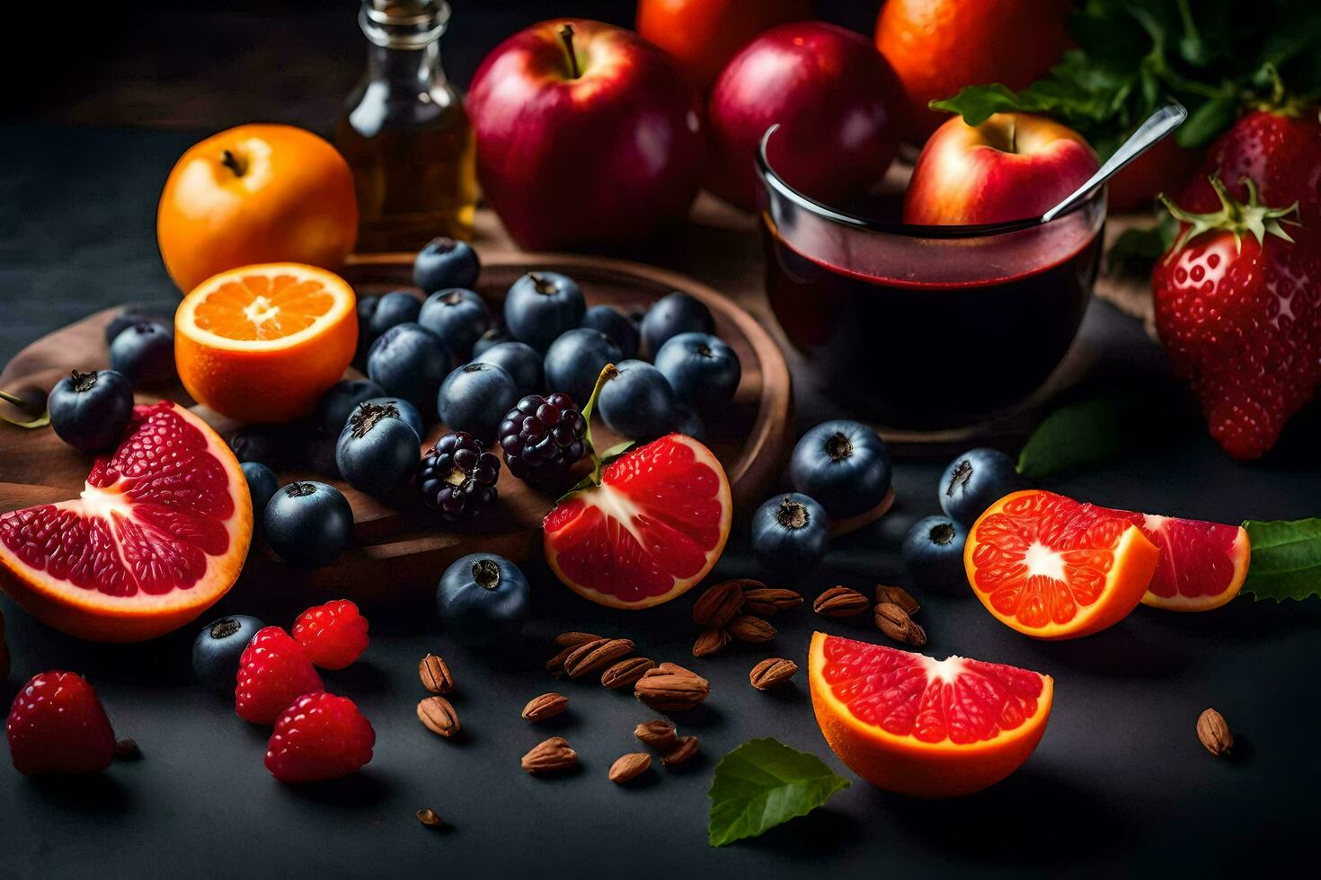 fruit and vegetables on a dark table. AI-Generated photo