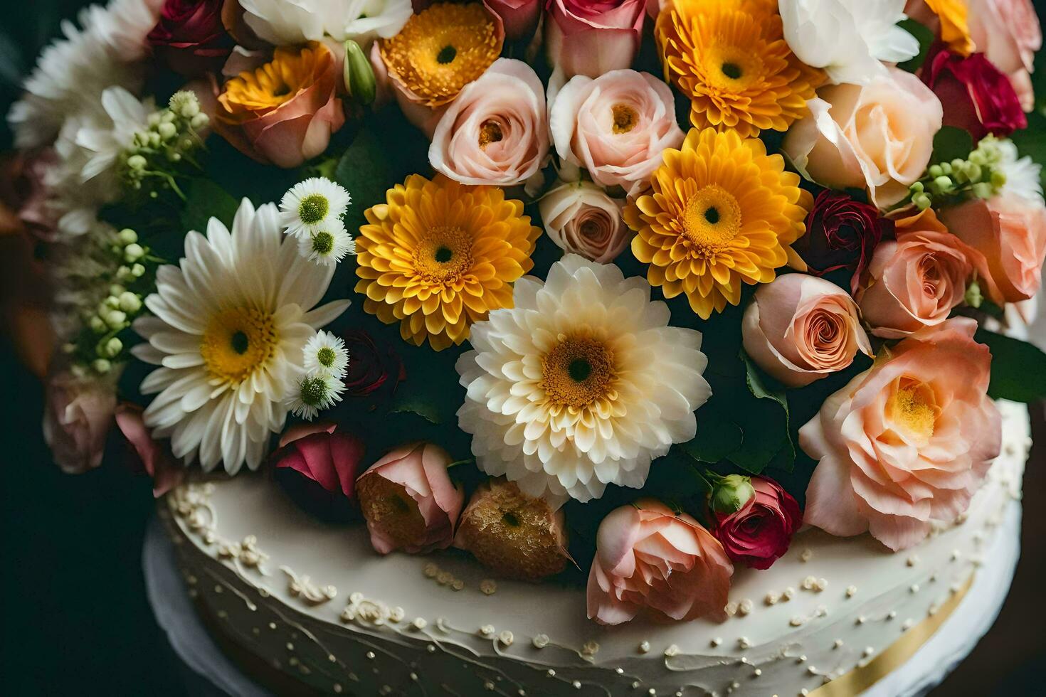 un Boda pastel con muchos diferente flores generado por ai foto