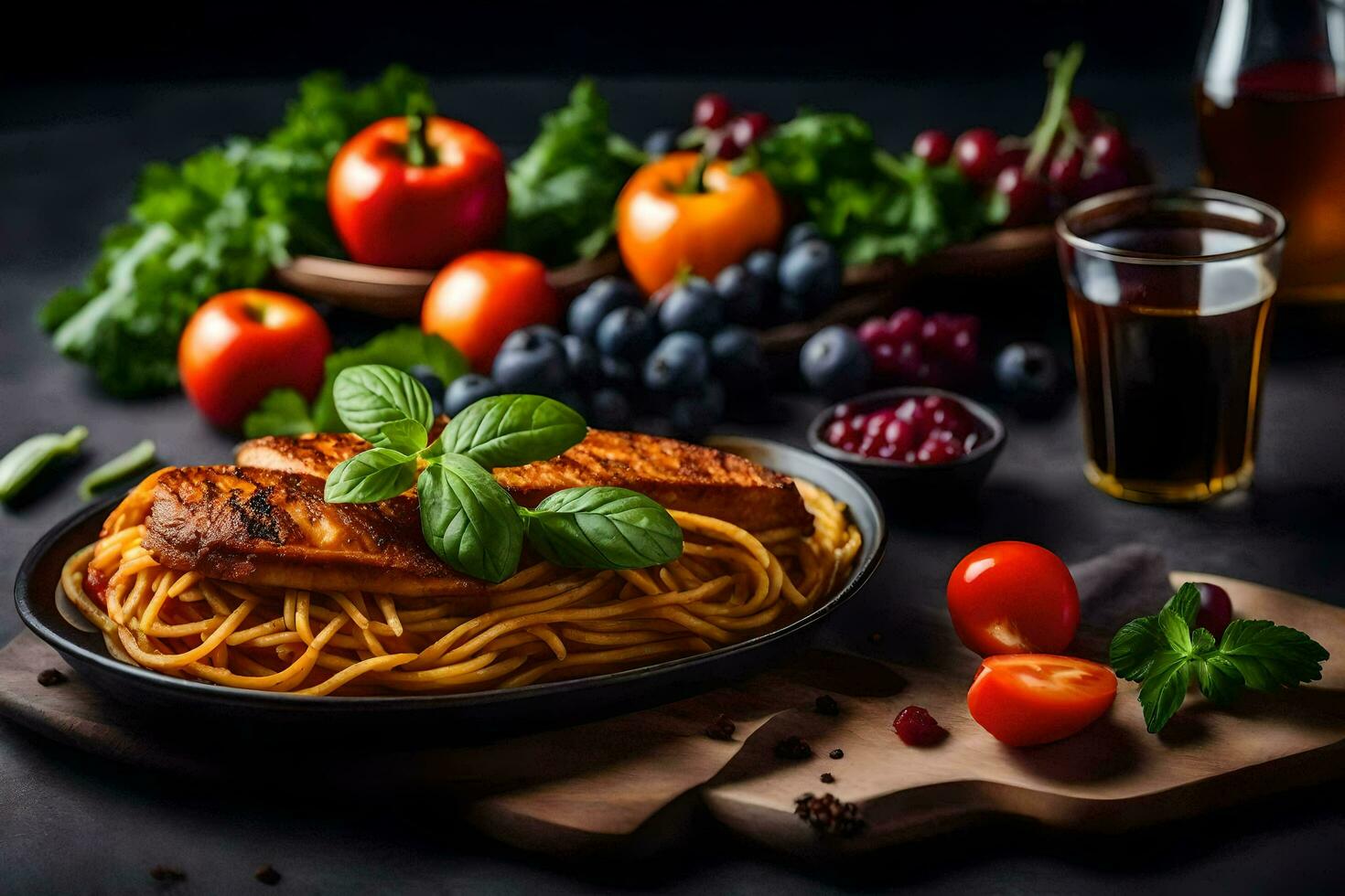 pasta with chicken and vegetables on a black background. AI-Generated photo