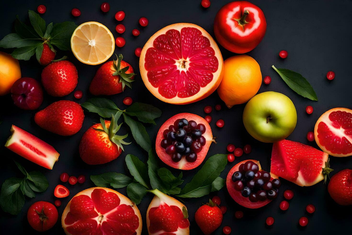 various fruits and vegetables are arranged on a black background. AI-Generated photo