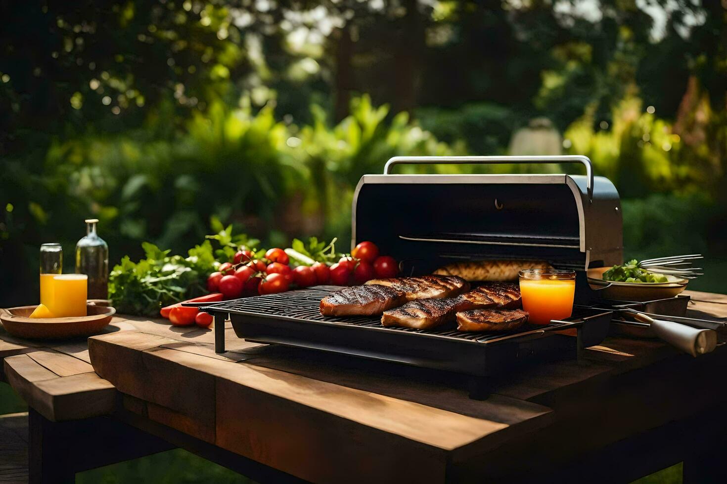 a grill with meat and vegetables on it. AI-Generated photo