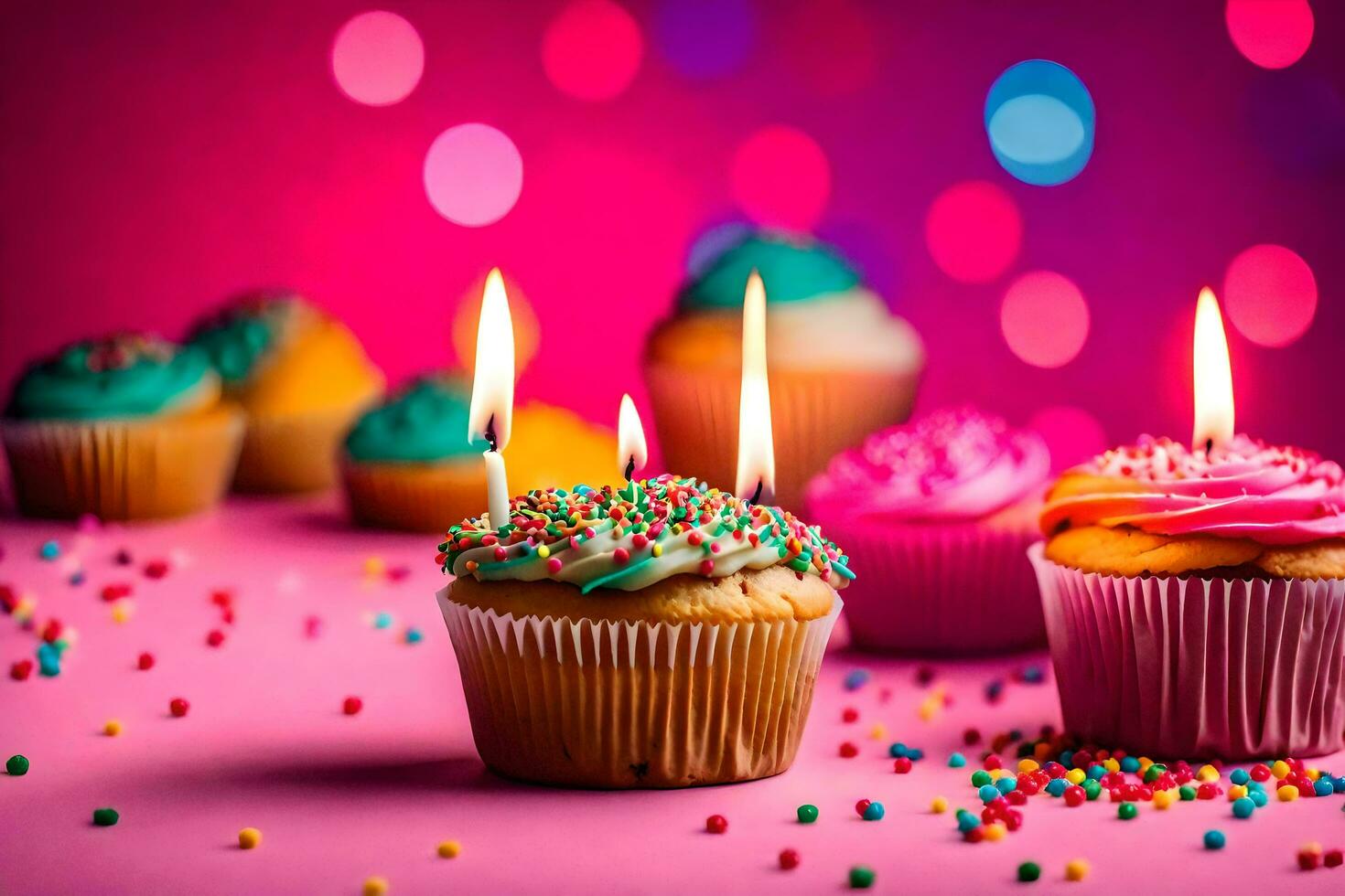 birthday cake with candles on pink background. AI-Generated photo