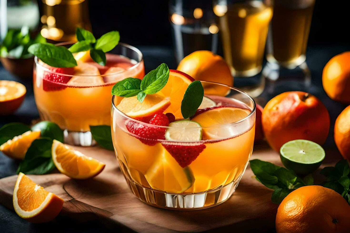 two glasses of orange and lemonade with fresh fruit. AI-Generated photo