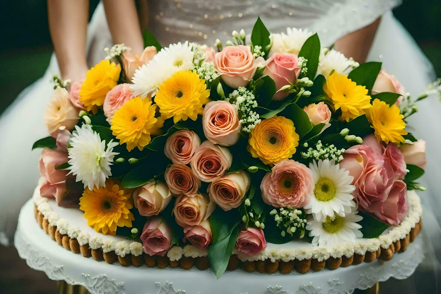 a bride and groom holding a wedding cake. AI-Generated photo