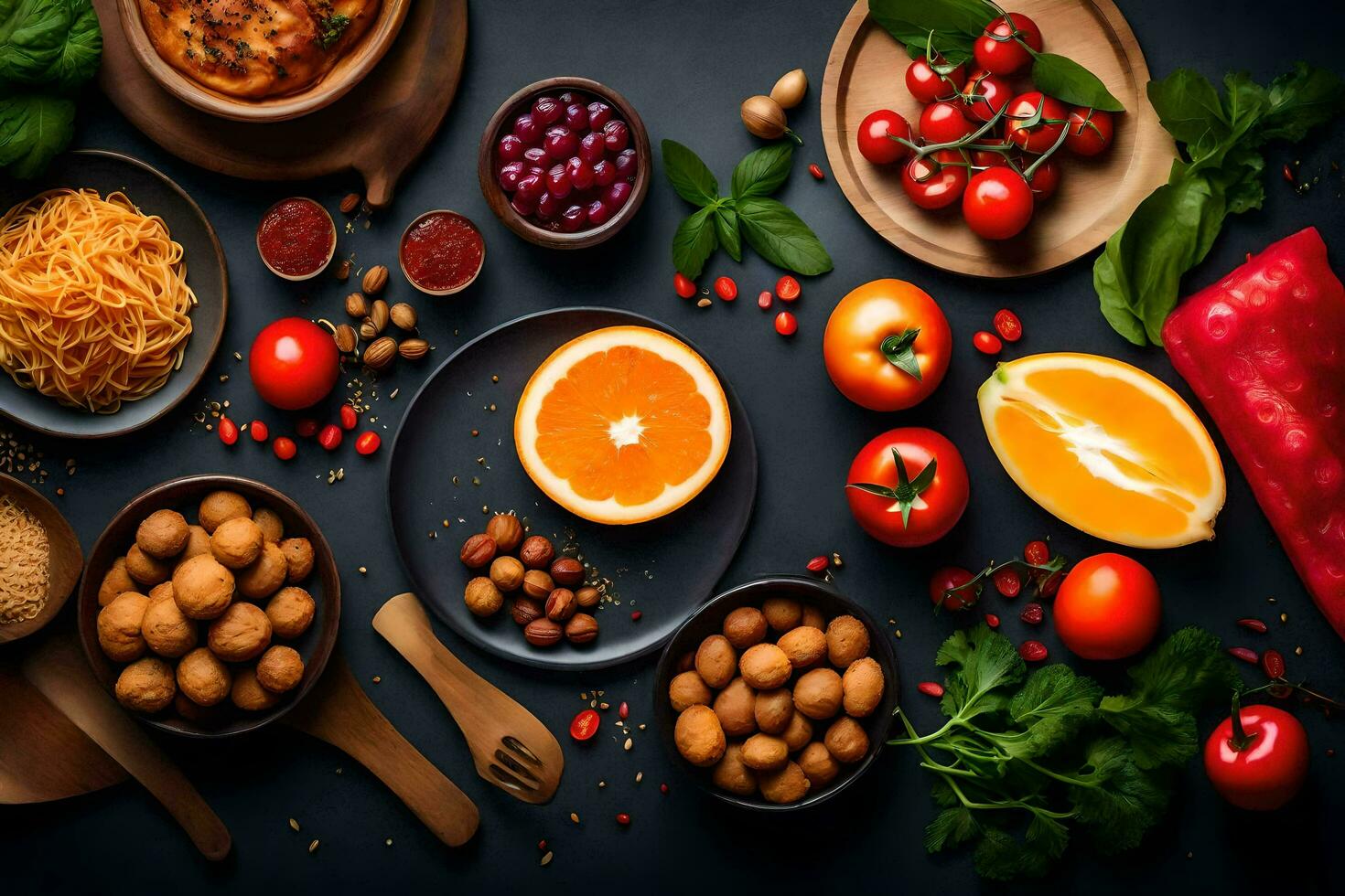 various foods are arranged on a black table. AI-Generated photo