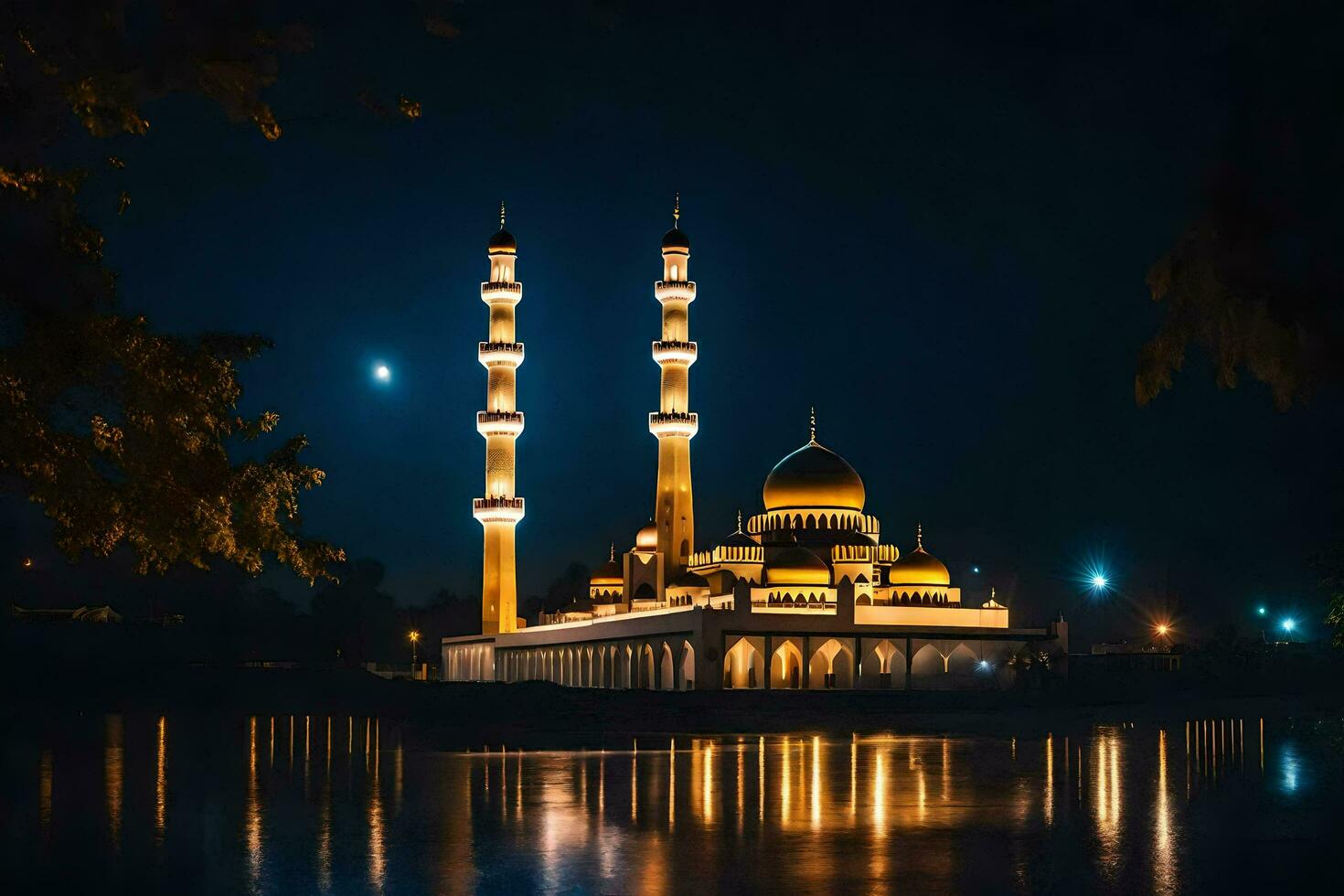 the mosque is lit up at night with the moon in the background. AI-Generated photo