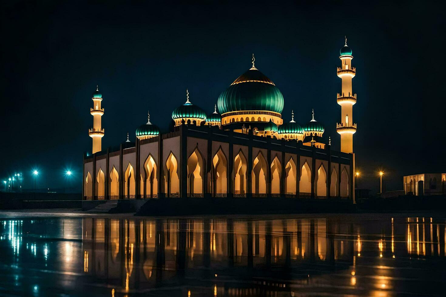 a mosque lit up at night with a reflection in the water. AI-Generated photo