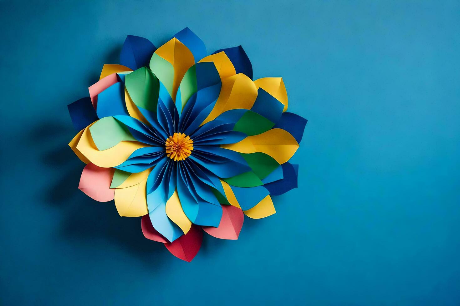 a colorful paper flower on a blue wall. AI-Generated photo