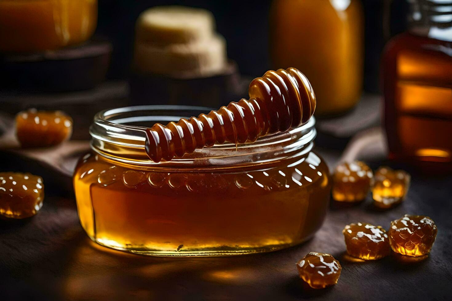 honey in jars and honeycomb on a wooden table. AI-Generated photo