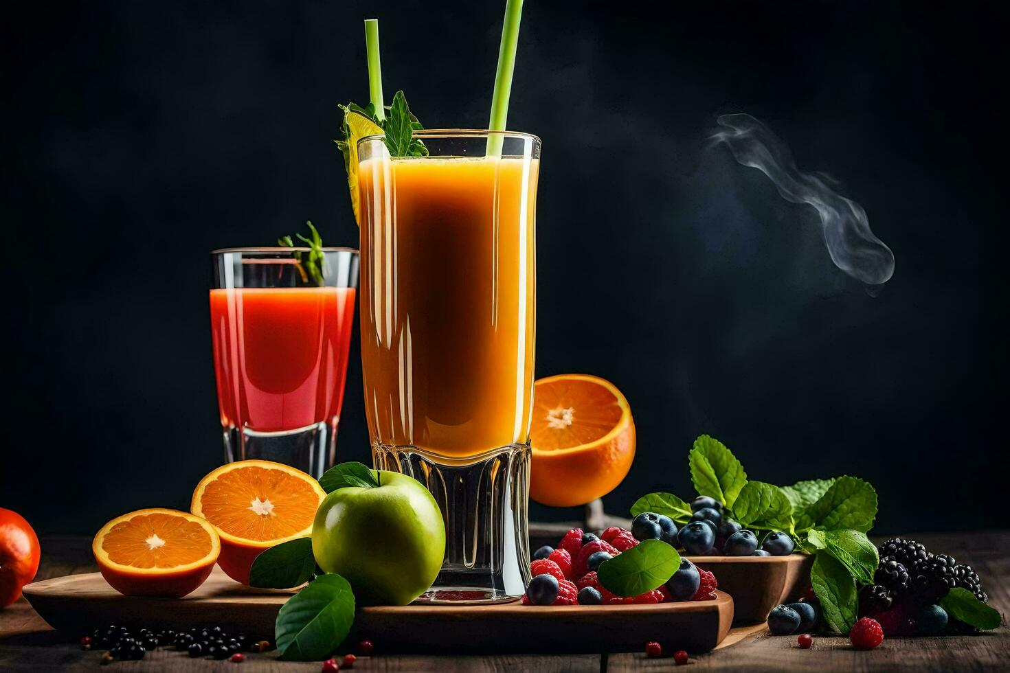 fresh fruit juice in a glass with berries and berries. AI-Generated photo