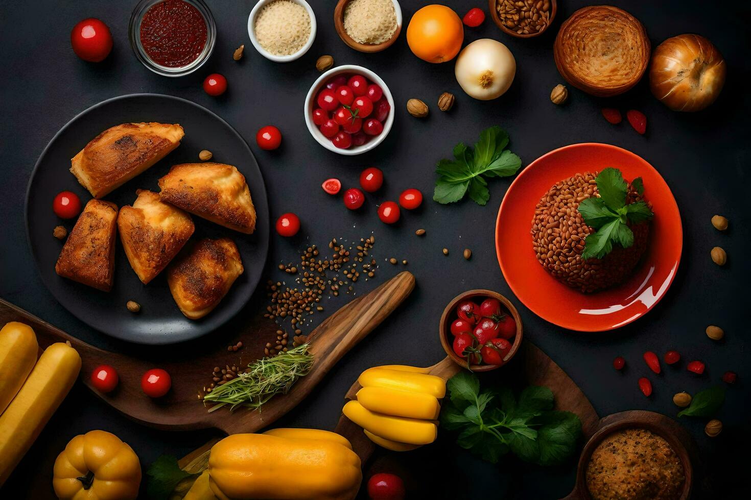 various types of food on a black background. AI-Generated photo